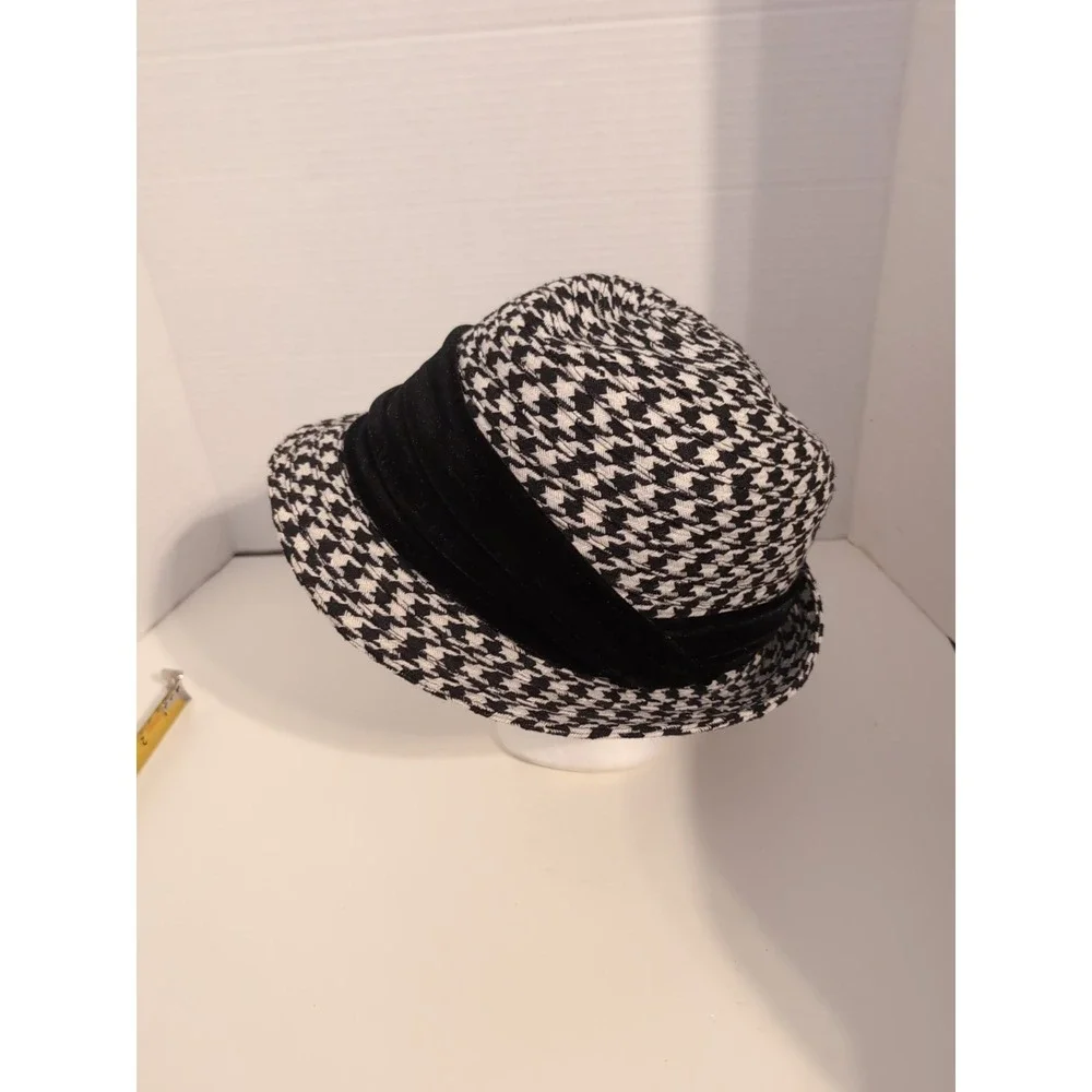 Unisex Houndstooth Fedora‎ with Black Velvet Band Wool Blend Size L/XL